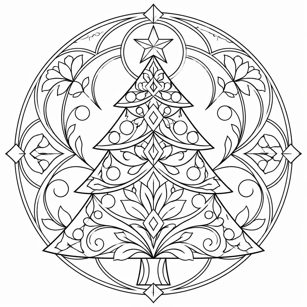 Illustration noir et blanc d’un mandala géométrique détaillé, style art nouveau, en contours nets sur fond blanc.