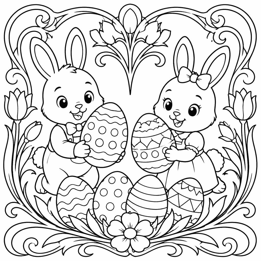 Black-and-white line art of bunny children with Easter eggs in a simple Art Nouveau coloring page style.