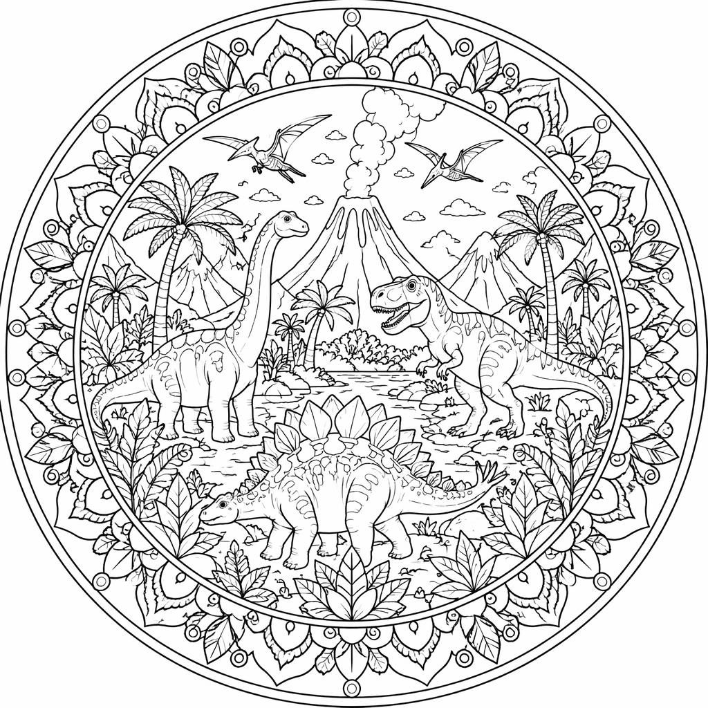 Página para colorear en blanco y negro con escenas de dinosaurios y detalles botánicos tipo mandala.