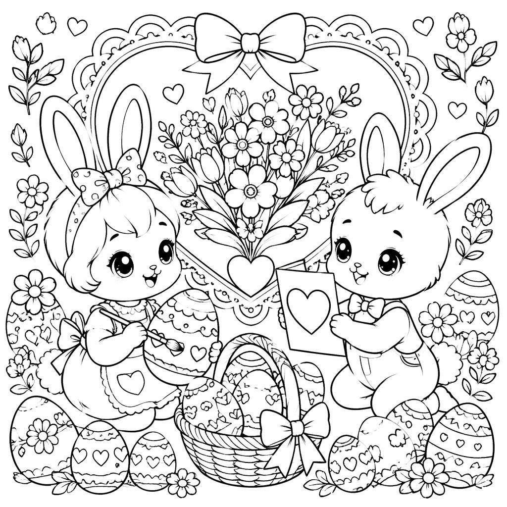 Illustration noir et blanc à colorier avec enfants lapins et œufs de Pâques, style manga détaillé, contours nets