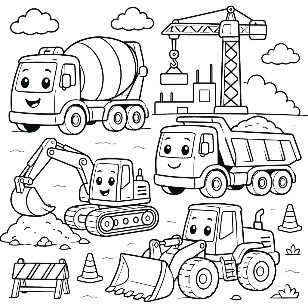 Illustration noir et blanc à colorier avec camions de chantier style cartoon pour enfants, contours simples et nets