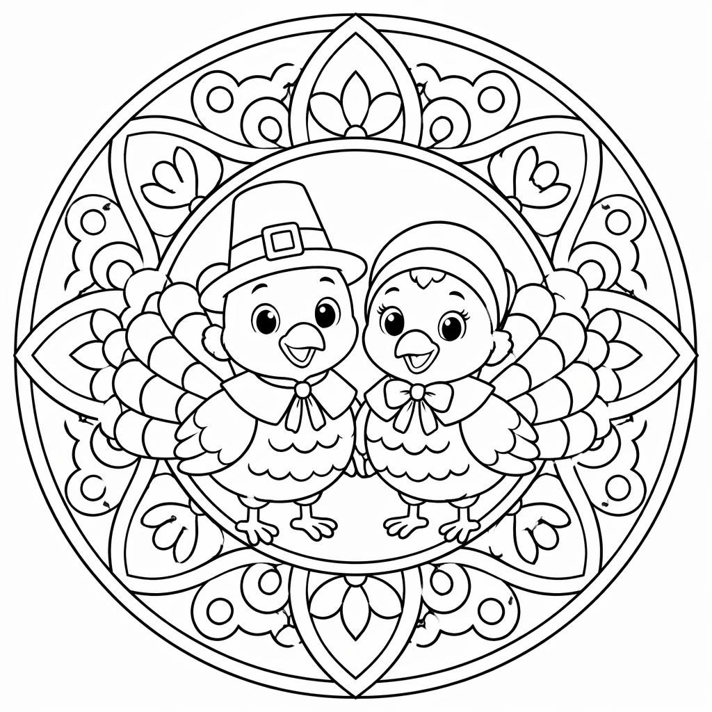 Ilustración en blanco y negro de un pavo de Acción de Gracias con niños, estilo art nouveau y líneas simples.