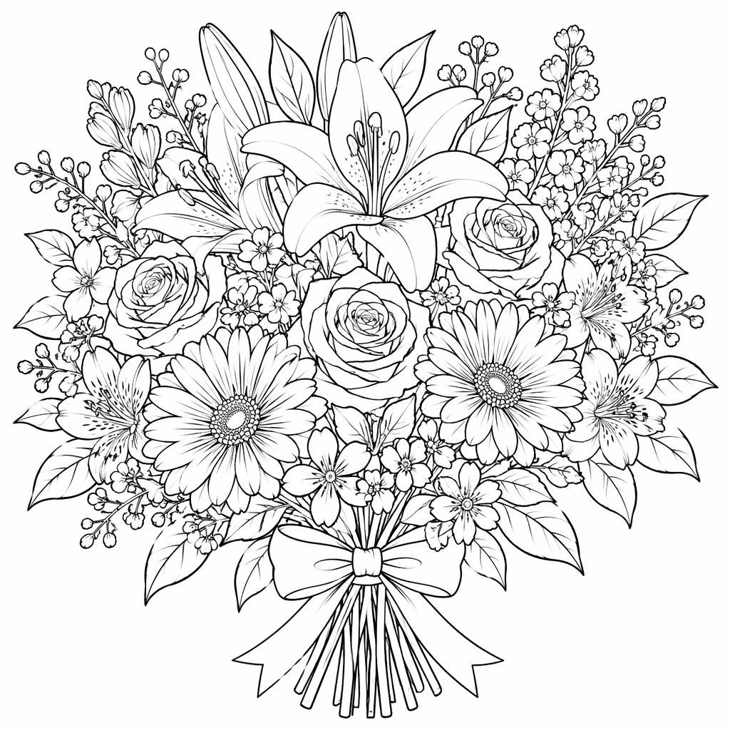 Schwarz-weiße Malvorlage mit einem detaillierten, realistisch gezeichneten Blumenstrauß in klaren Konturen.