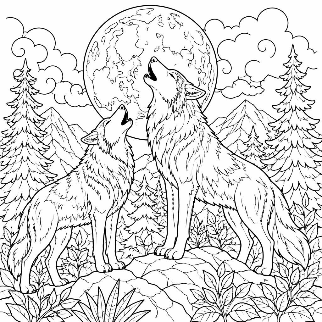 Schwarz-weiße Ausmalillustration mit mehreren niedlichen Wölfen, die detailliert den Mond anheulen.
