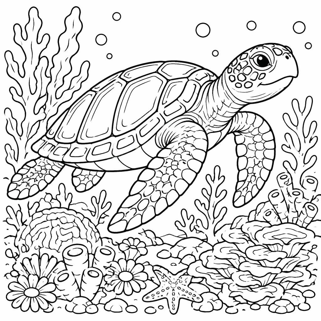 Black-and-white line art coloring page of an adult sea turtle swimming over a reef in a cute cartoon style.