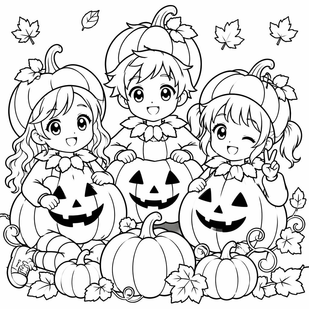 Black-and-white line art of cheerful kids with Halloween pumpkins in a manga-inspired printable coloring page.