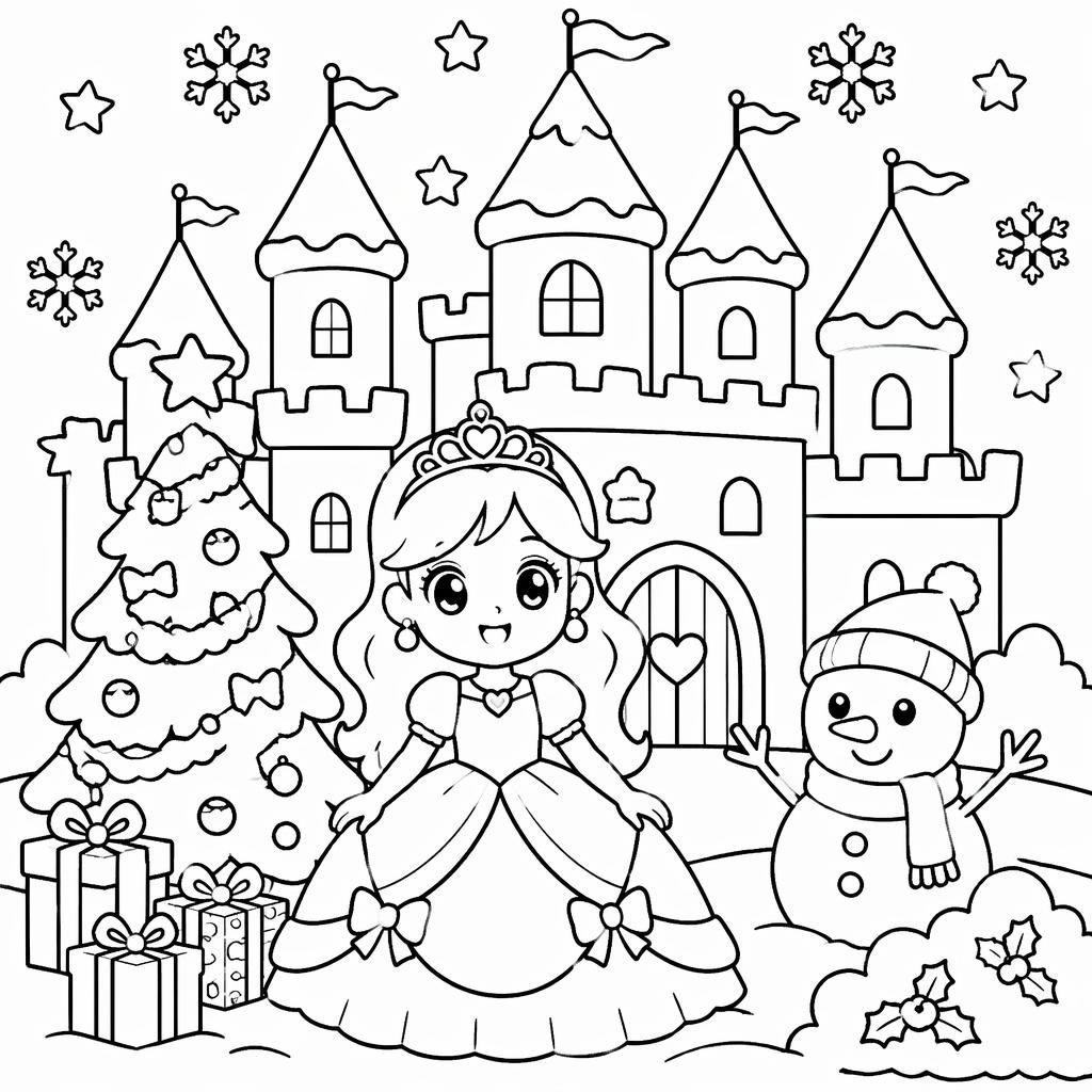 Schwarz-weißes Ausmalbild mit einfachem Märchenschloss im Prinzessinnenstil für Kinder, mit dicken Linien.