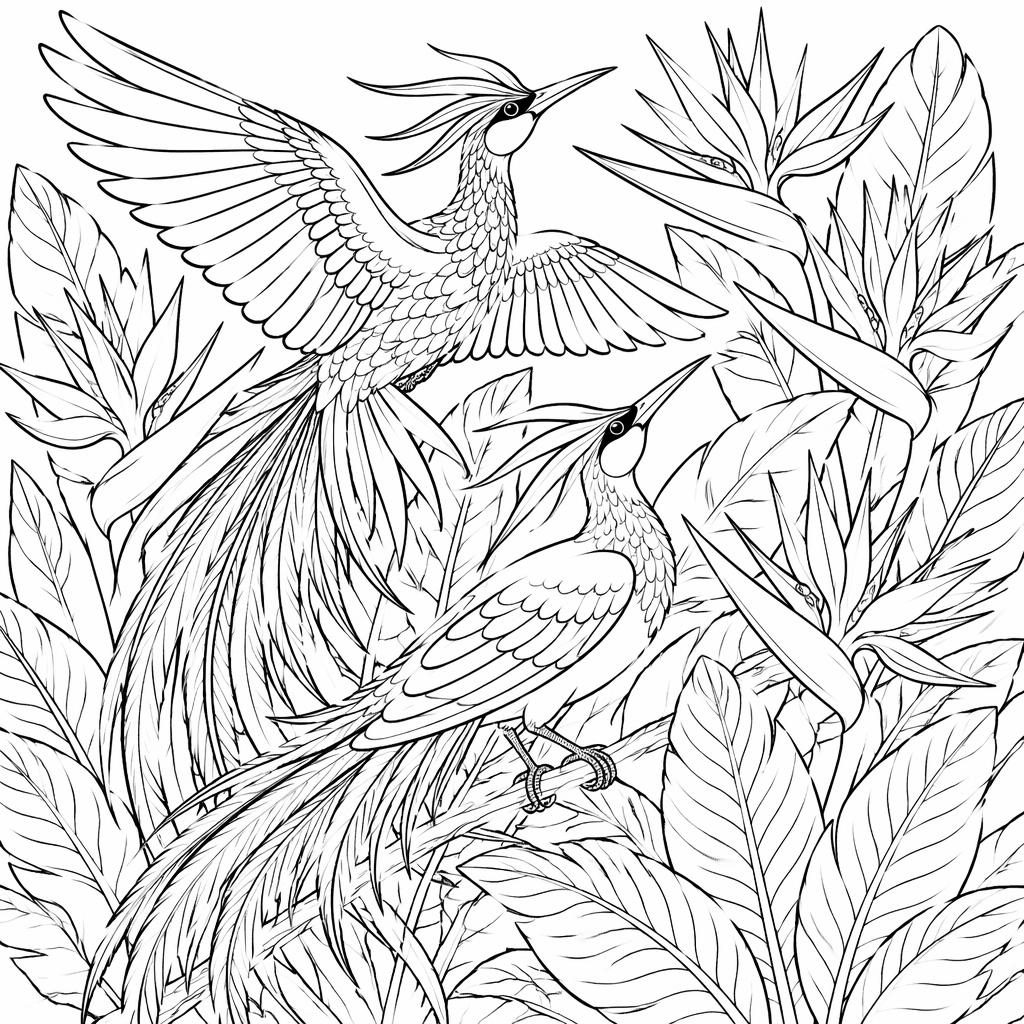 Schwarz-weiße Ausmalbild-Illustration mit detailreichen Paradiesvögeln im Manga-Stil als saubere Line-Art.