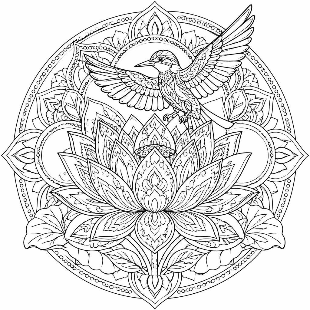Illustration noir et blanc d’un lotus mandala détaillé, en contours nets sur fond blanc, style page à colorier.
