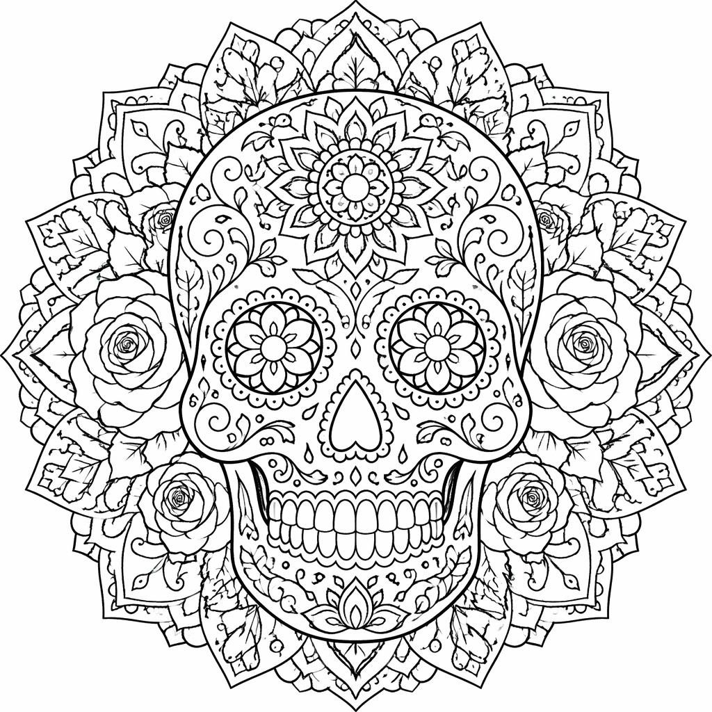 Ilustración para colorear en blanco y negro de una calavera de azúcar del Día de los Muertos con detalles intrincados.
