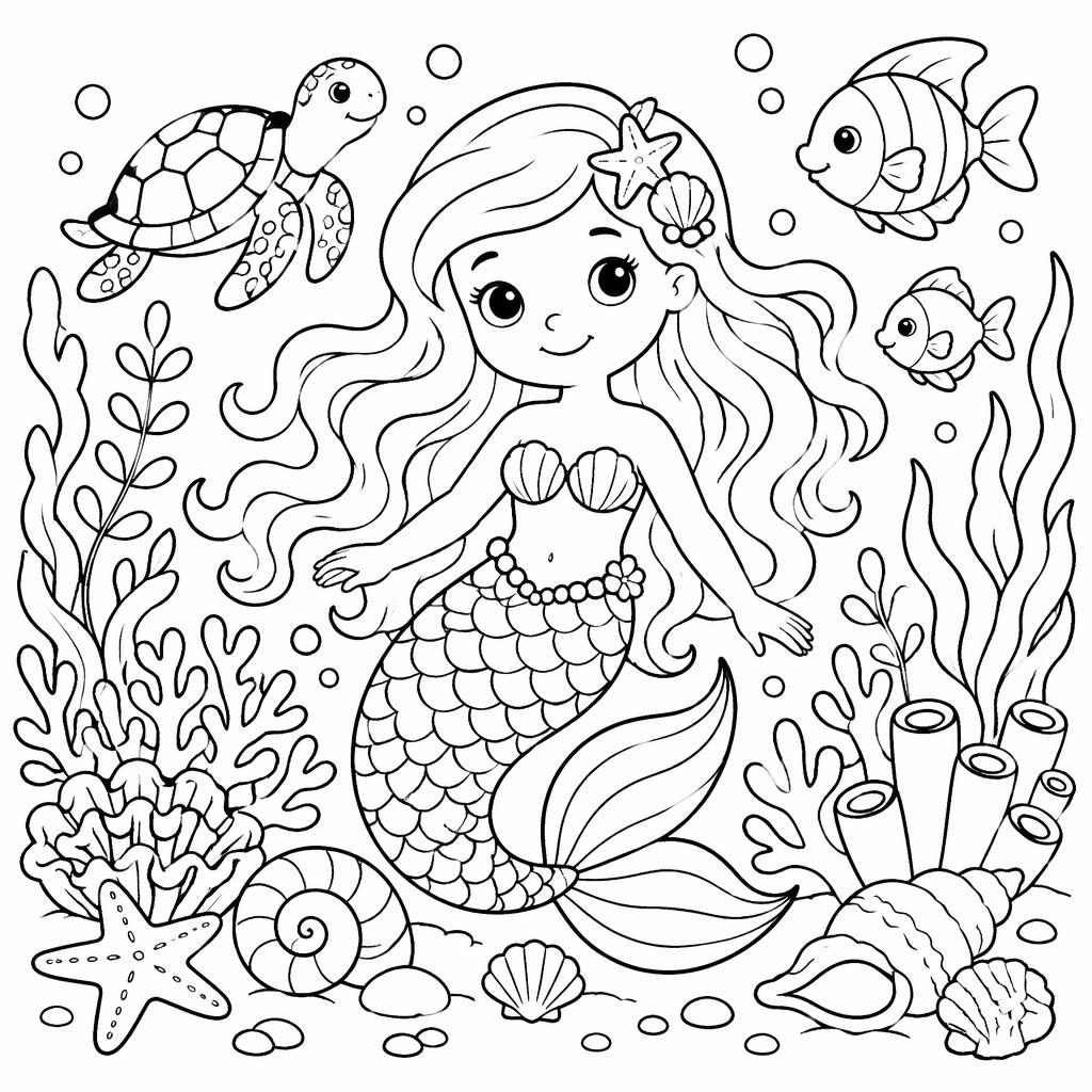 Ilustración infantil para colorear en blanco y negro con sirena bajo el mar, algas y formas cerradas limpias.