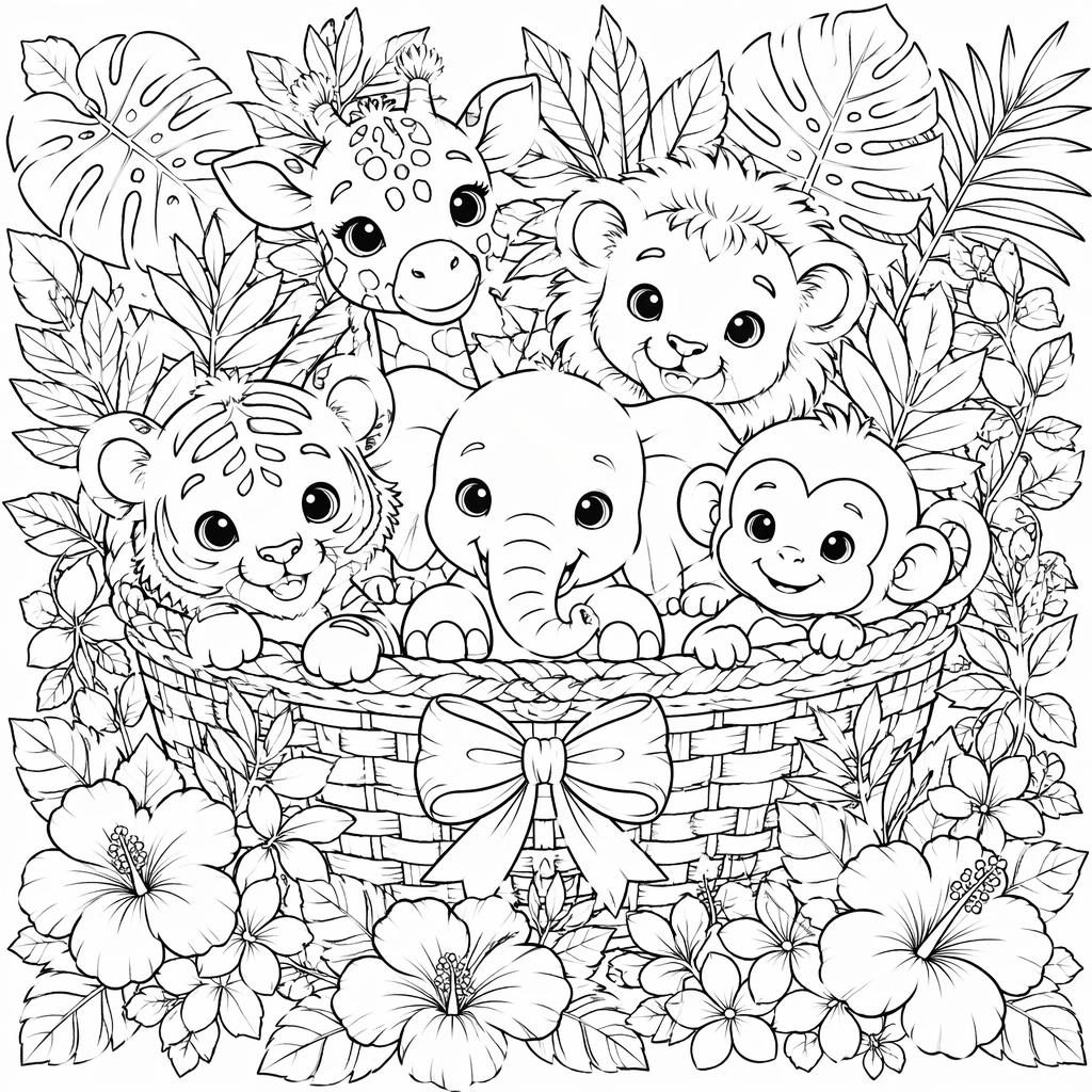Illustration noir et blanc d’animaux de la jungle pour enfants, style botanique détaillé, contours nets à colorier.