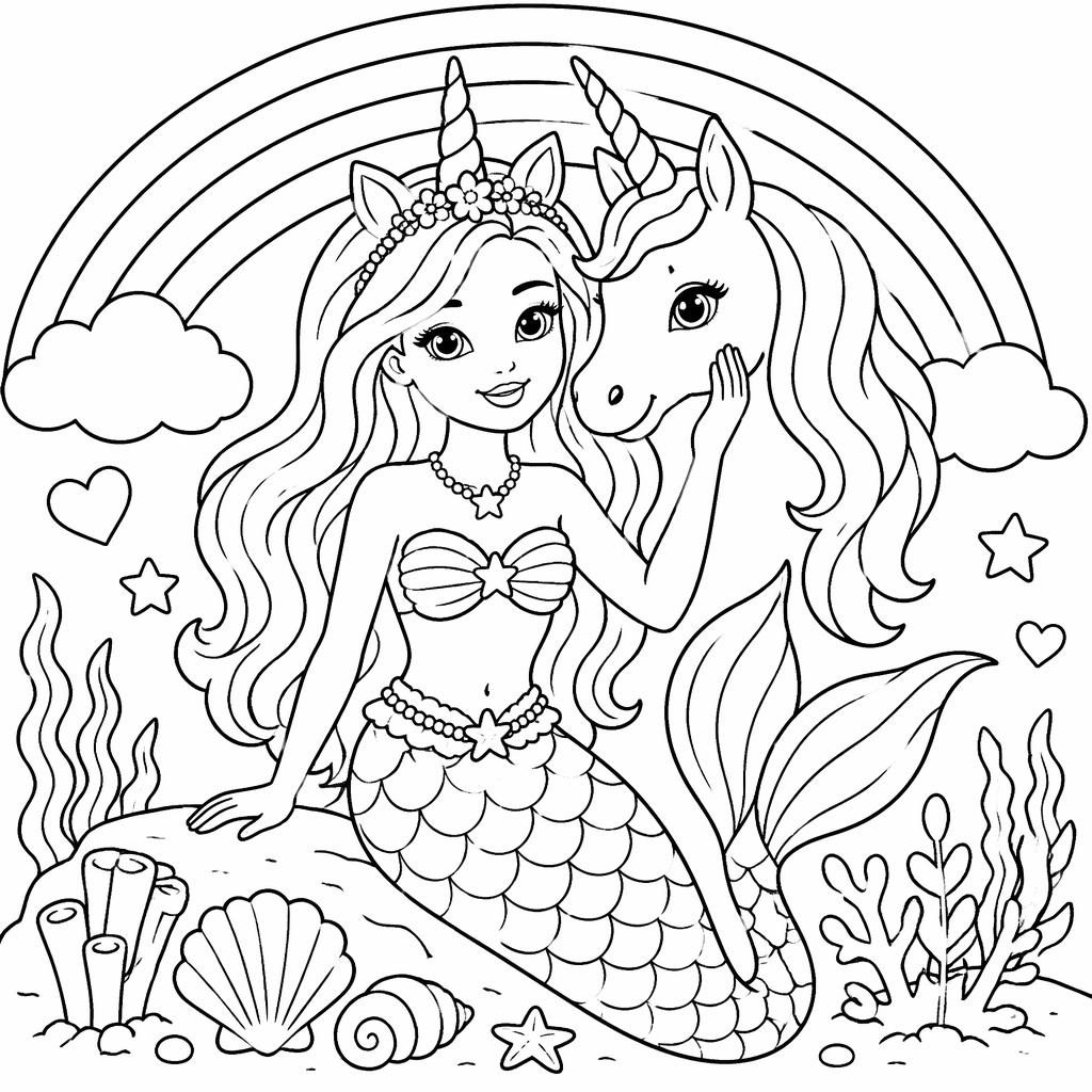 Illustration en noir et blanc d’une licorne simple pour enfants sous un arc-en-ciel, en lignes épaisses.