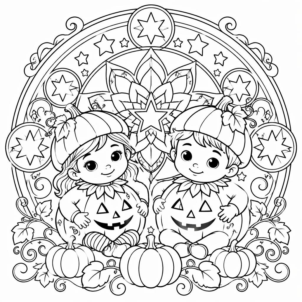 Ilustración para colorear en blanco y negro con niños, una calabaza de Halloween y motivos de estrellas mandalas.