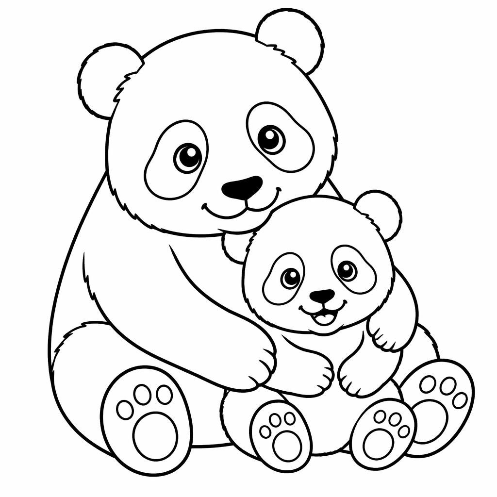 Illustration noir et blanc d’une maman panda avec son bébé, style coloriage simple pour enfants, contours épais