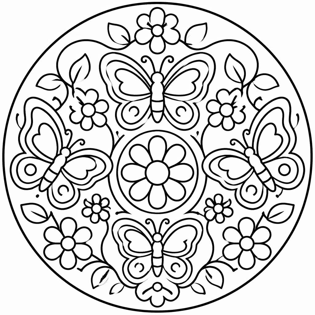 Página para colorear en blanco y negro con mariposas y flores grandes, líneas gruesas y estilo mandala simple.