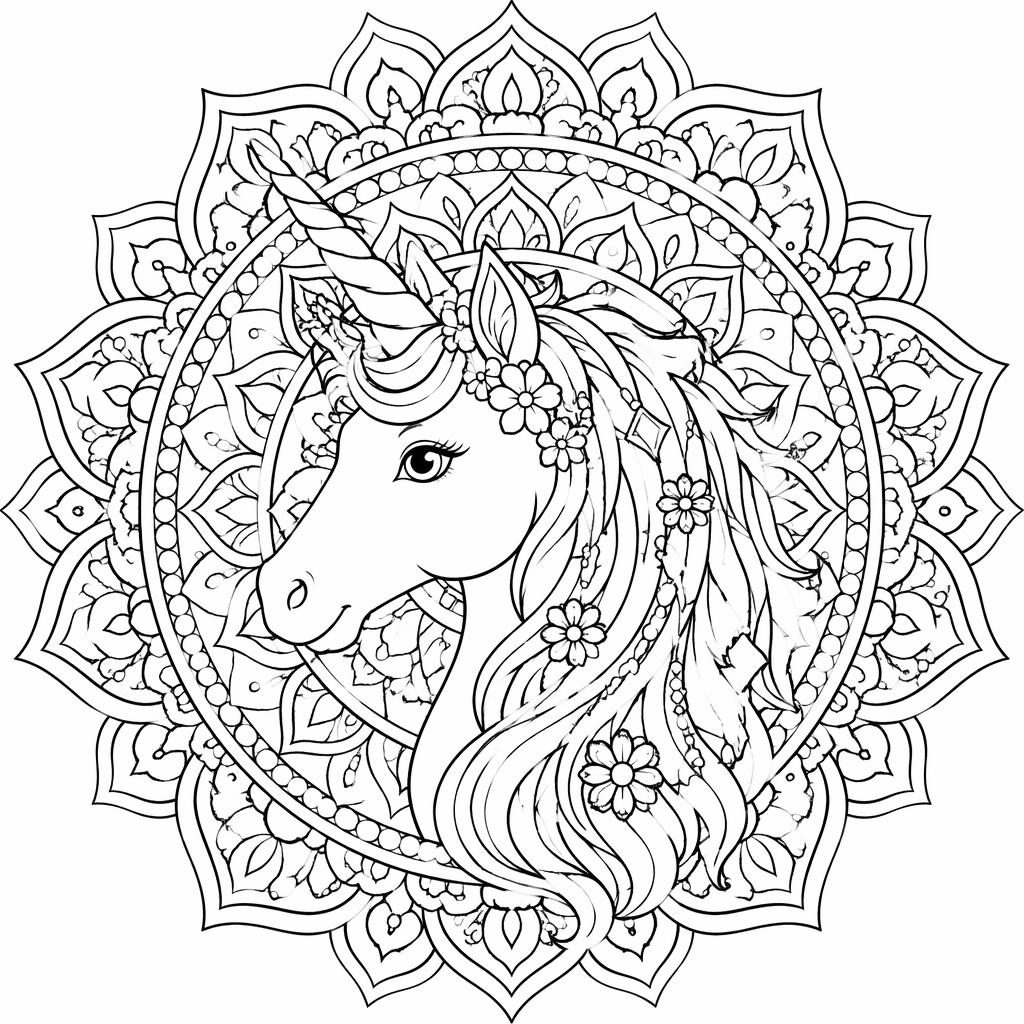 Schwarz-weißes Einhorn-Ausmalbild im filigranen Mandala-Stil mit klaren Konturen auf weißem Hintergrund.