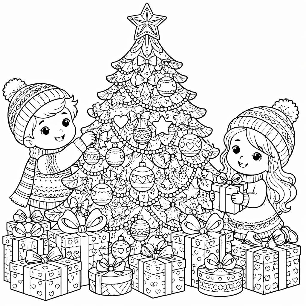 Ilustración para colorear en blanco y negro con árbol decorado, regalos y niños en estilo cartoon detallado.