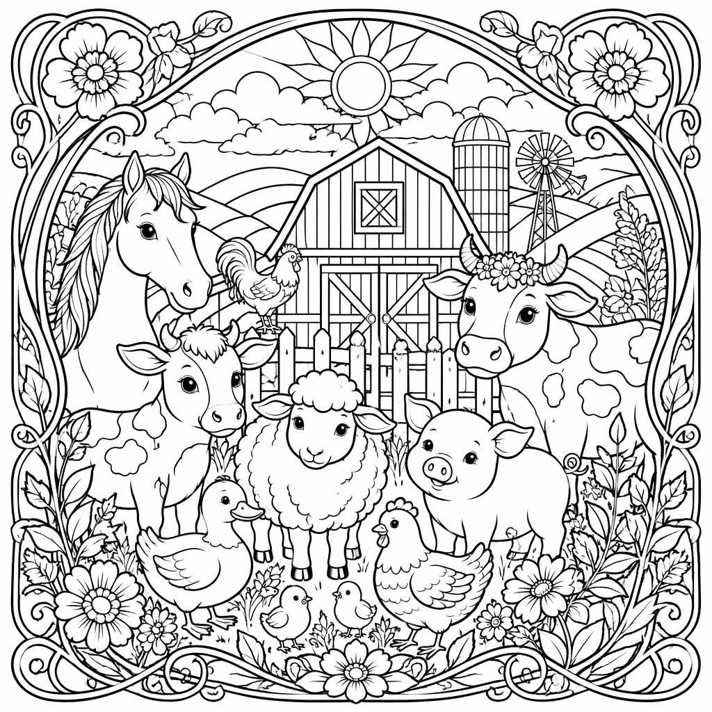 Página para colorear en blanco y negro con animales de granja para niños, estilo art nouveau y detalles tipo mandala.