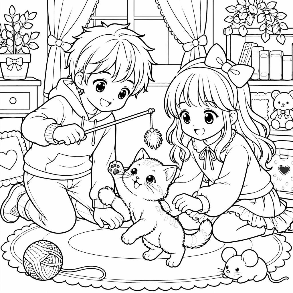 Black-and-white line art of a cat playing with cheerful kids in a manga-inspired coloring drawing page.