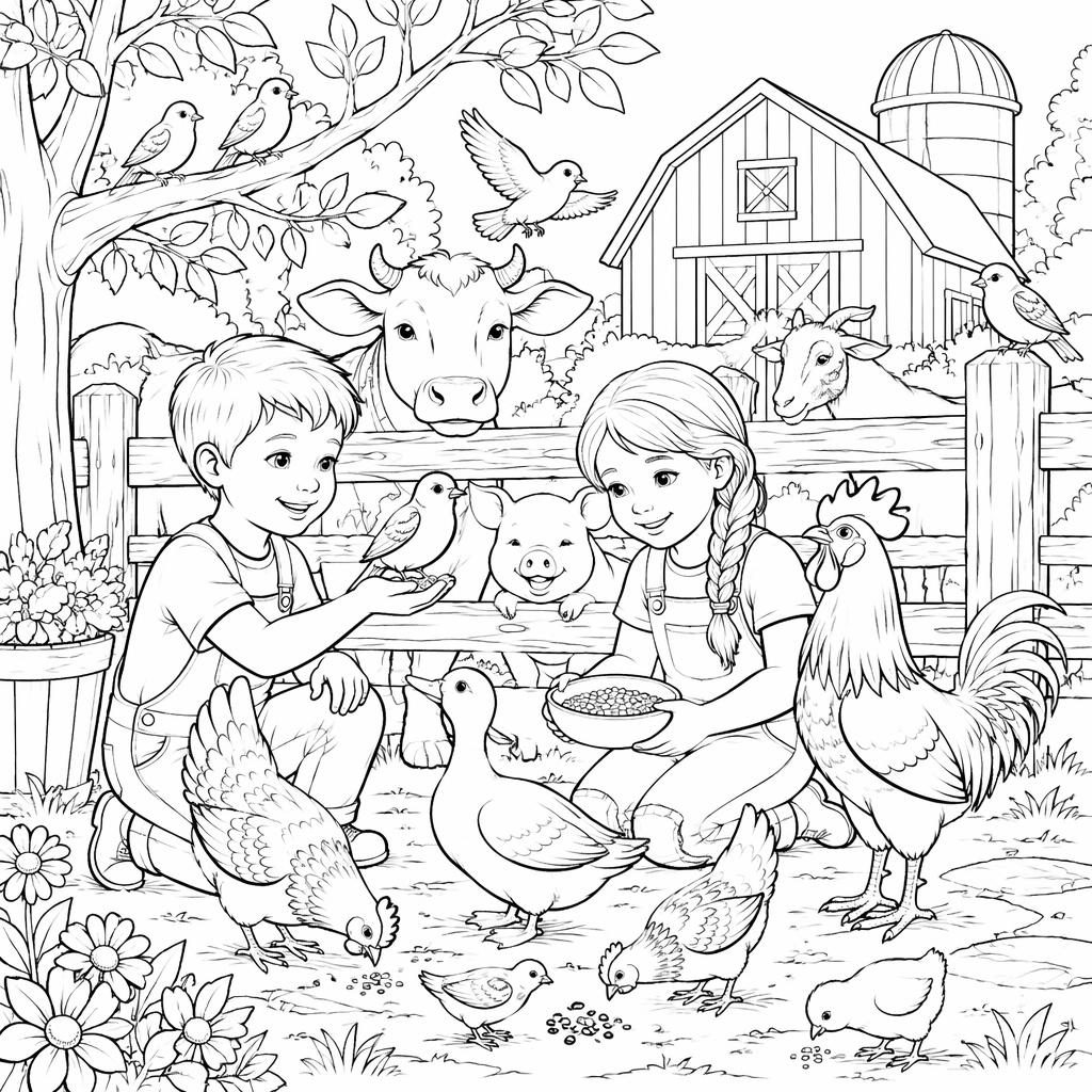 Black-and-white coloring page with a bird and farm animals in a detailed, realistic farm scene for adults.