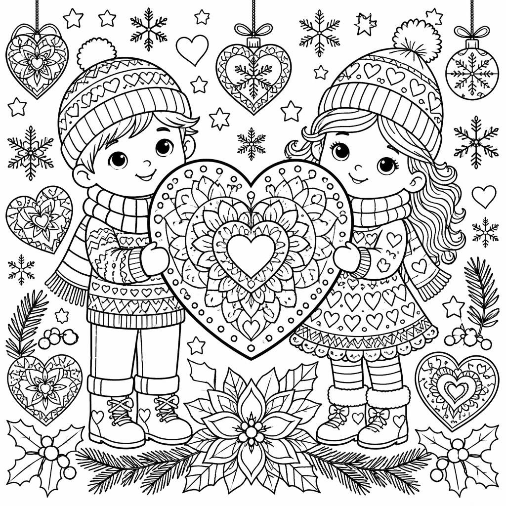 Ilustración para colorear en blanco y negro con corazones de San Valentín para niños y detalles geométricos tipo mandala.
