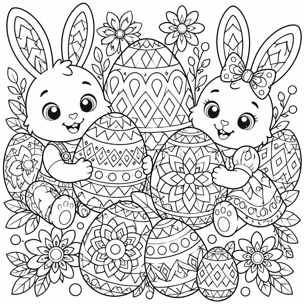 Illustration à colorier en noir et blanc avec enfants lapins, œufs de Pâques et motifs géométriques détaillés.