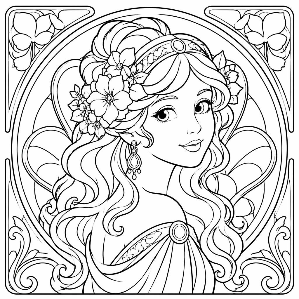 Portrait de femme art nouveau en style cartoon mignon, contours noirs épais sur fond blanc, page à colorier pour enfants.