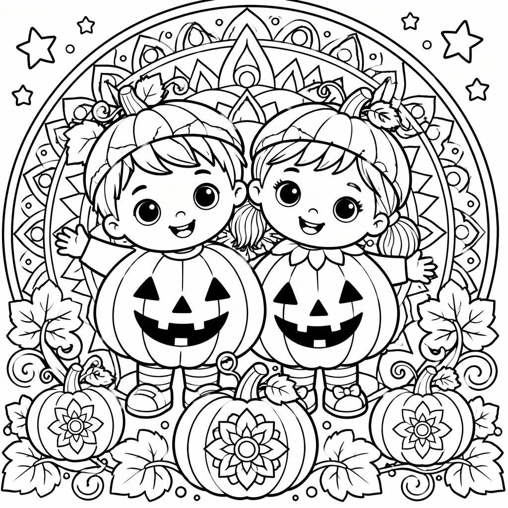 Schwarz-weiße Ausmalbild-Illustration mit kinderfreundlichem Halloween-Kürbis im Mandala-Stil, klare dicke Linien.