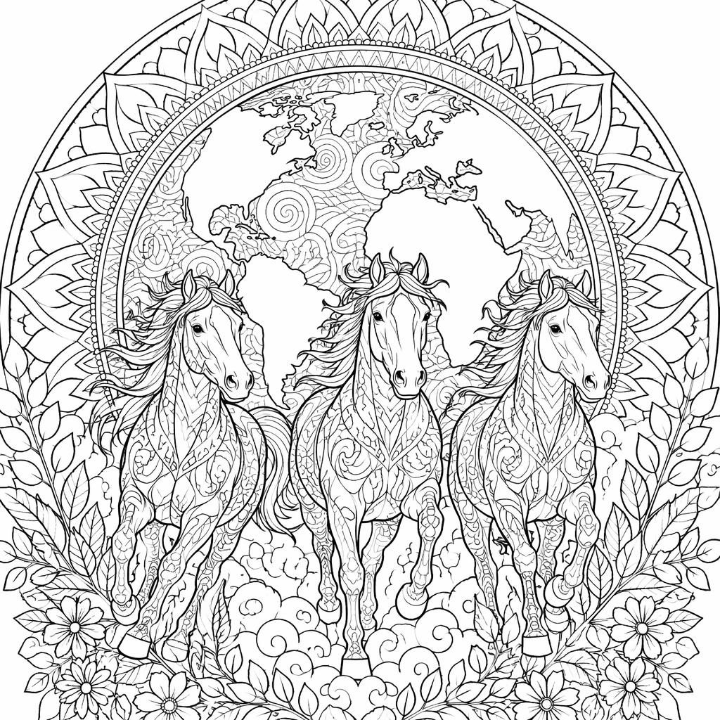 Ilustración para colorear en blanco y negro de caballos corriendo con detalle intrincado y estilo geométrico mandala.