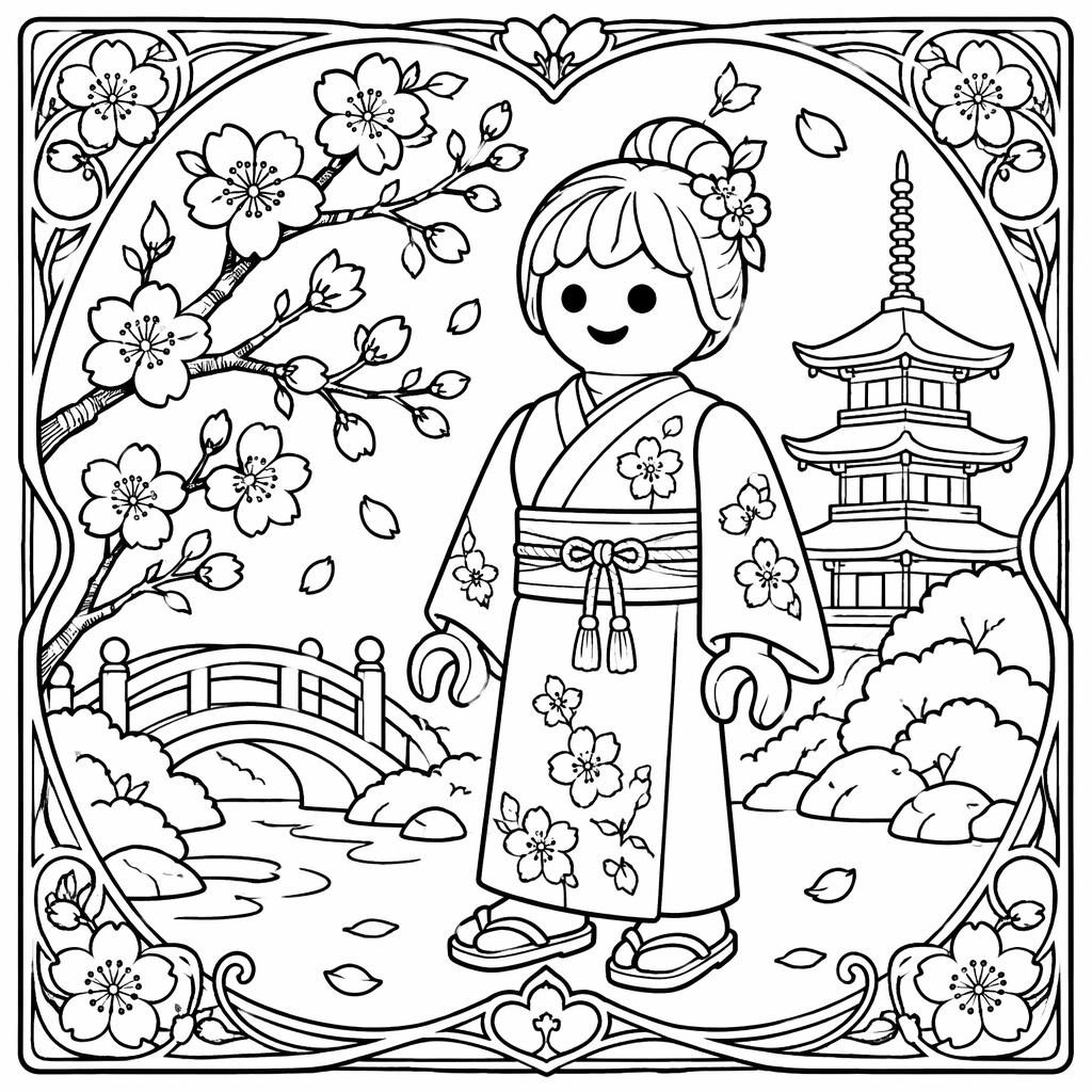 Schwarz-weiße Ausmalseite mit japanischer Kirschblüte im Art-Nouveau-Stil, klare Konturen, kinderfreundlich