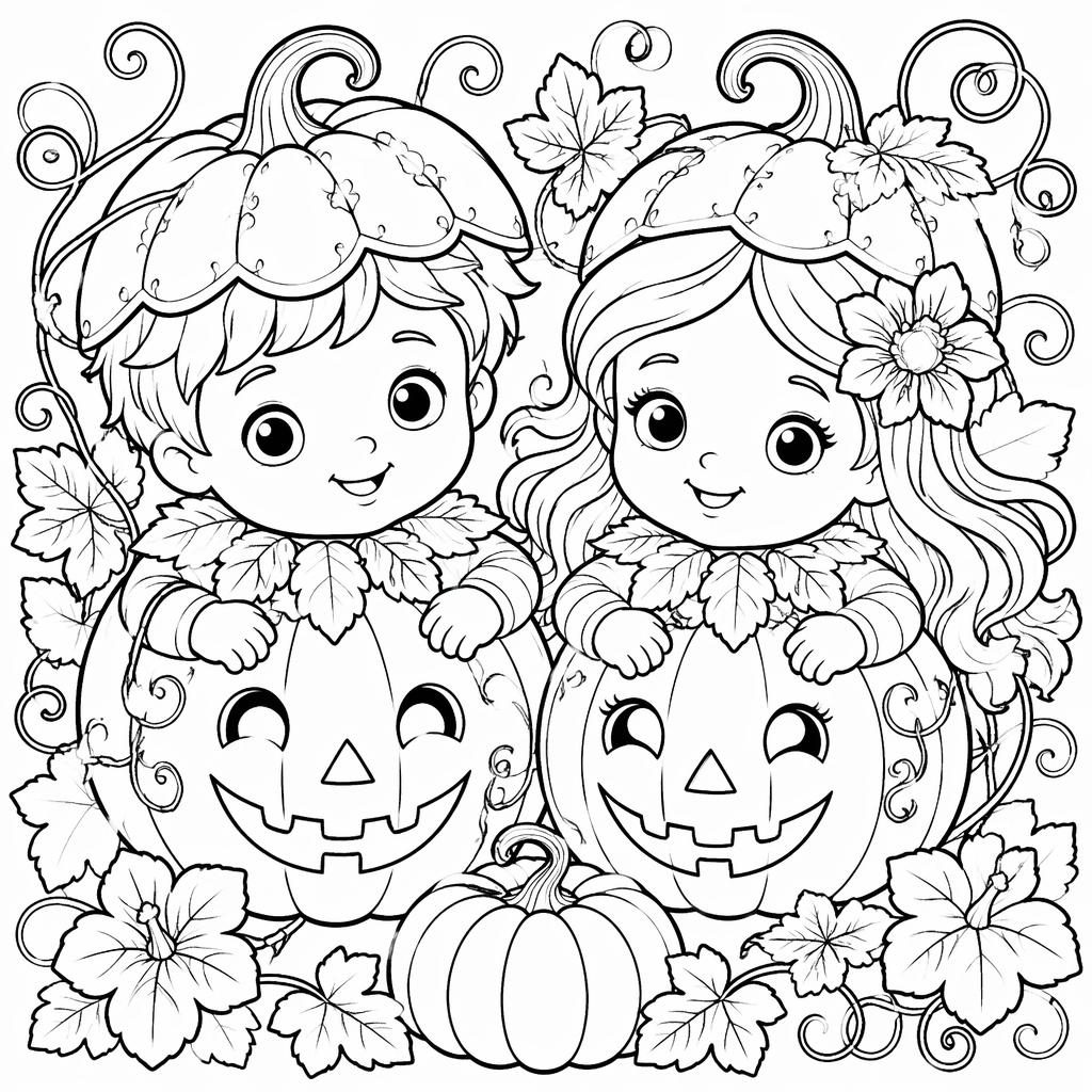 Černobílá omalovánka s roztomilými dětmi a halloween dýní, detailní cartoon line art pro vybarvování.