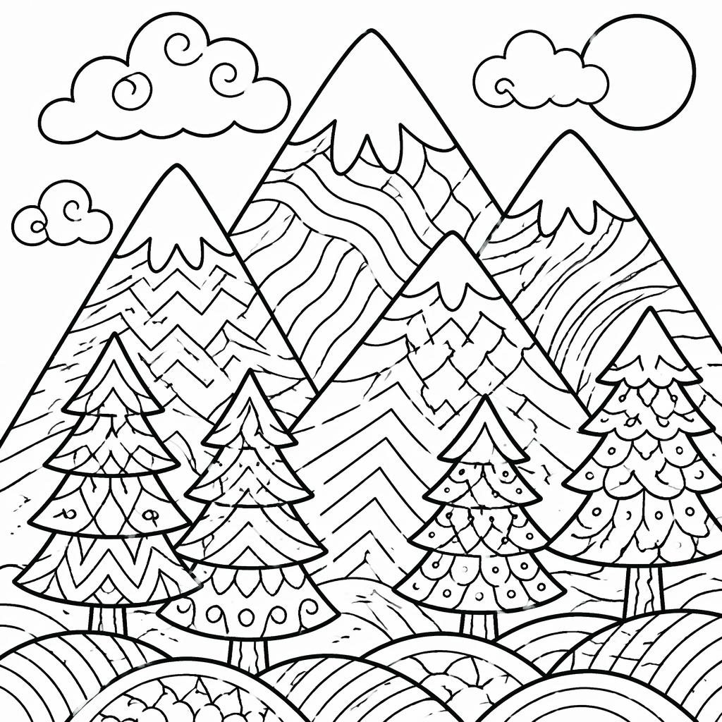 Ilustración para colorear en blanco y negro con montañas y pinos, líneas gruesas y formas simples para niños