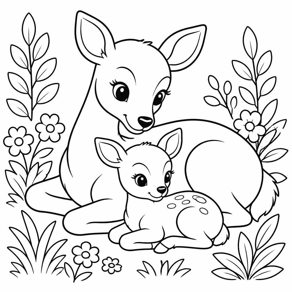 Ilustración en blanco y negro de madres y crías animales, estilo botánico simple, lista para impresora para colorear.