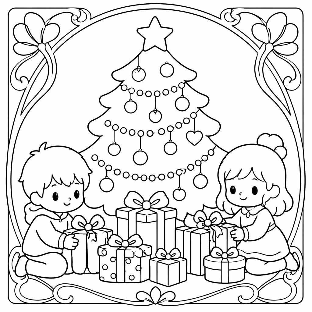 Schwarz-weiße Ausmalseite mit Weihnachtsbaum, Geschenken und Kindern im einfachen Jugendstil-Linienbild.