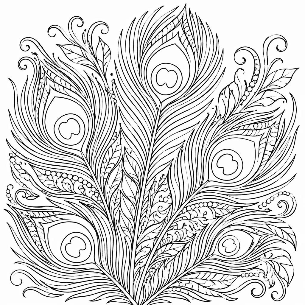 Ilustración en blanco y negro de plumas de pavo real detalladas, estilo tierno, con contornos limpios para colorear.