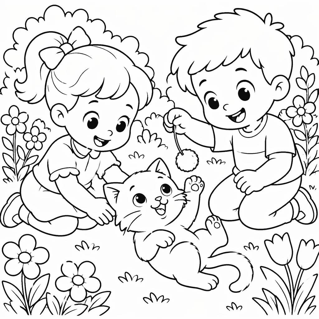 Illustration à colorier en noir et blanc d’un chat joueur avec des enfants, traits épais et style botanique.