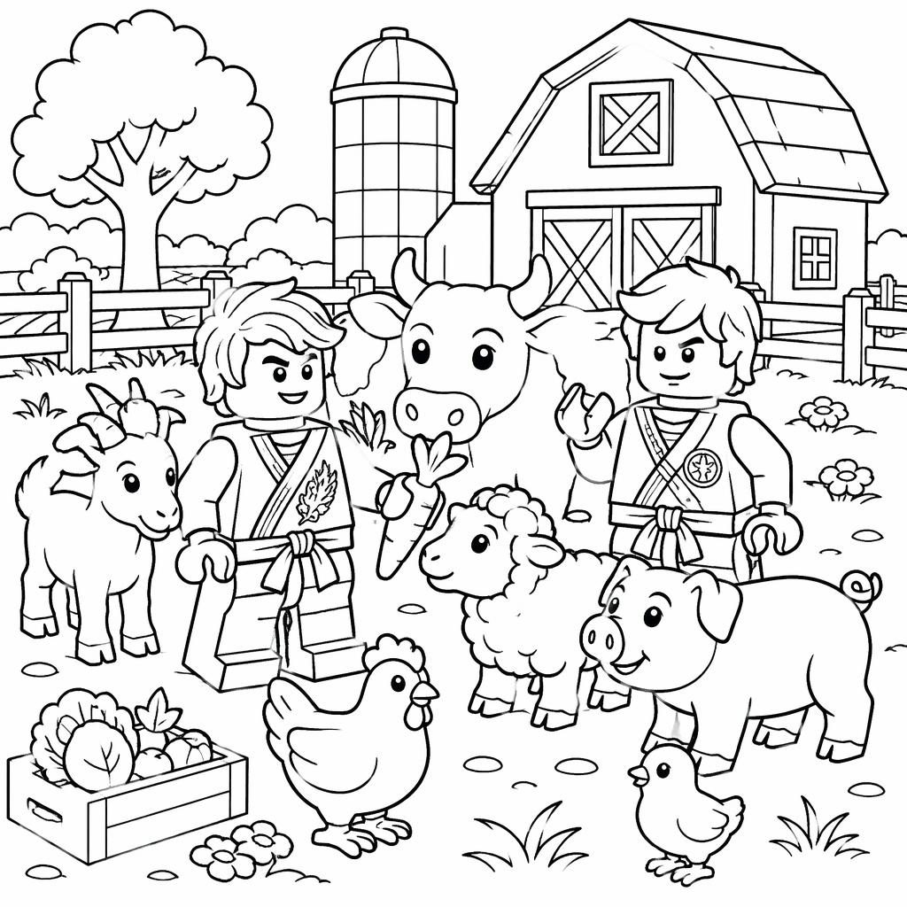 Illustration à colorier en noir et blanc avec animaux de la ferme pour enfants, contours nets sur fond blanc.