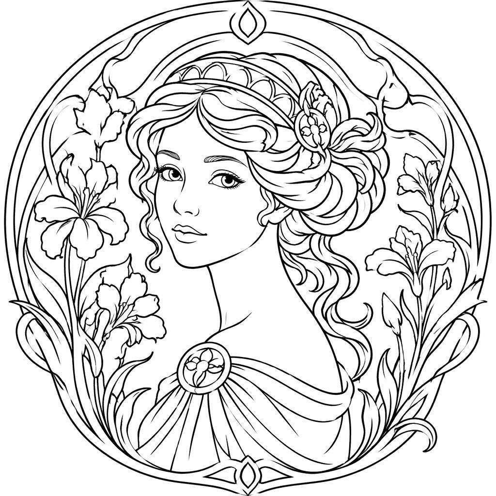 Ilustración para colorear en blanco y negro de un retrato femenino art nouveau con detalles botánicos y líneas limpias