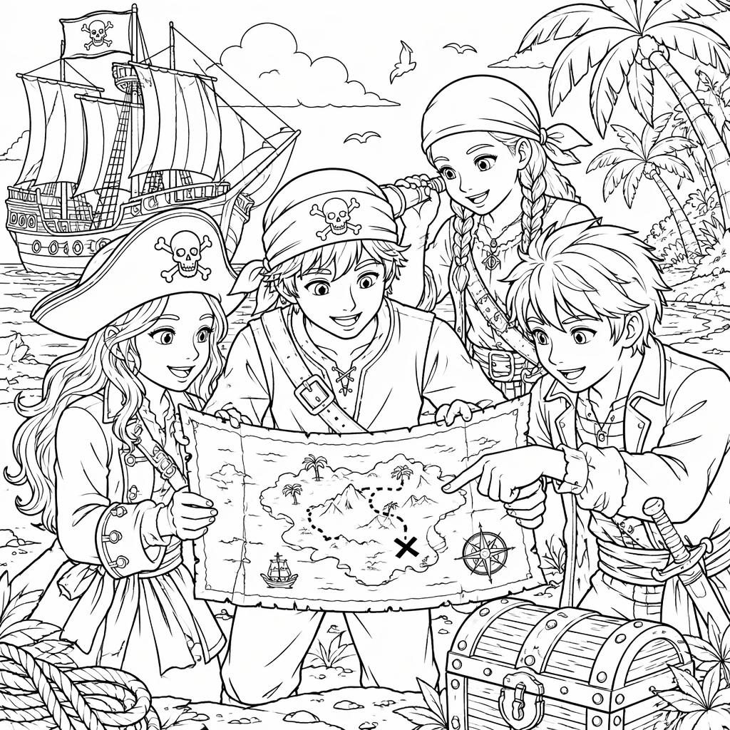 Schwarz-weiße Ausmalbild-Illustration mit kindgerechten Piraten und Schatzkarte als sauberes Line-Art