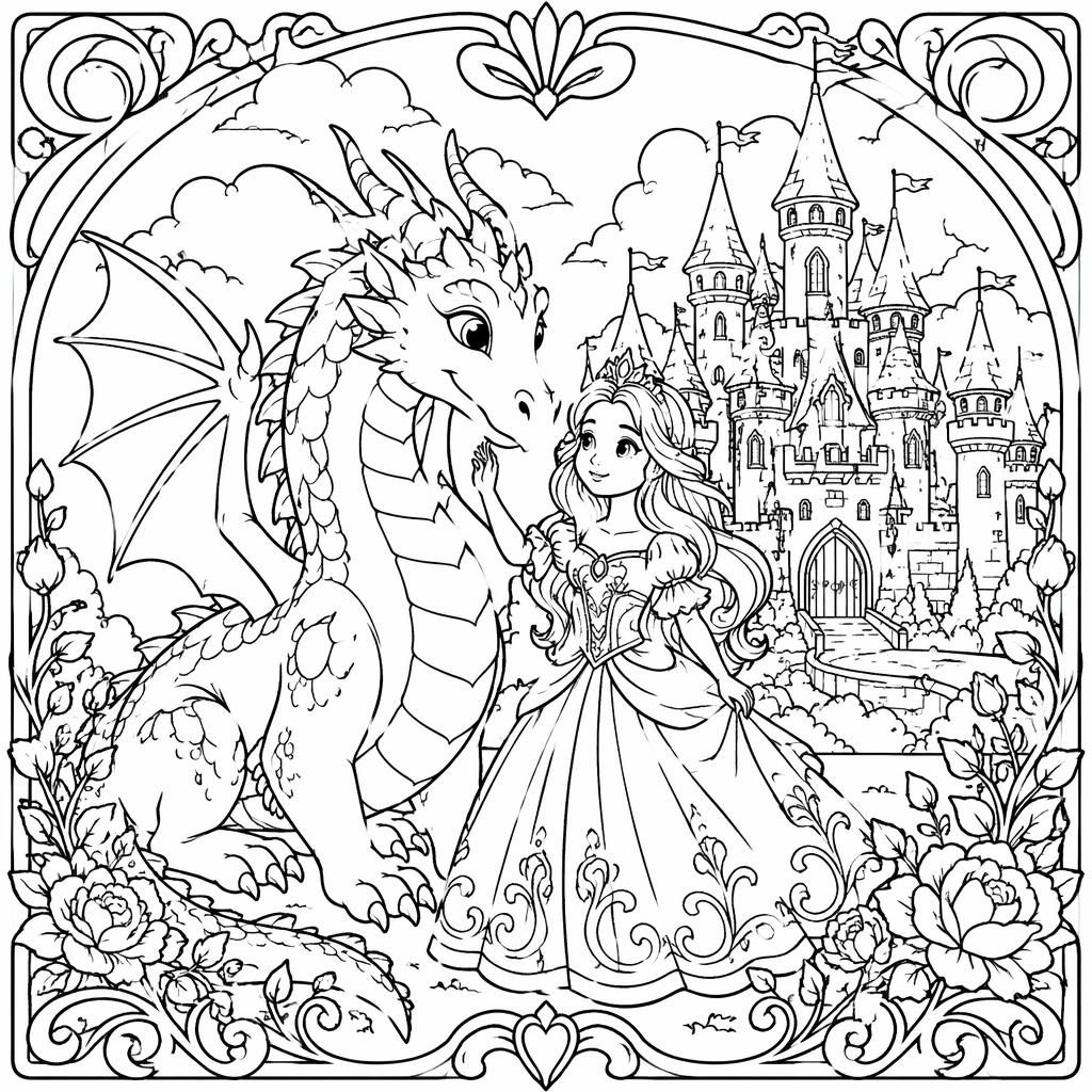 Illustration noir et blanc d’un château de princesse féerique avec dragon et enfants, style Art nouveau à colorier.