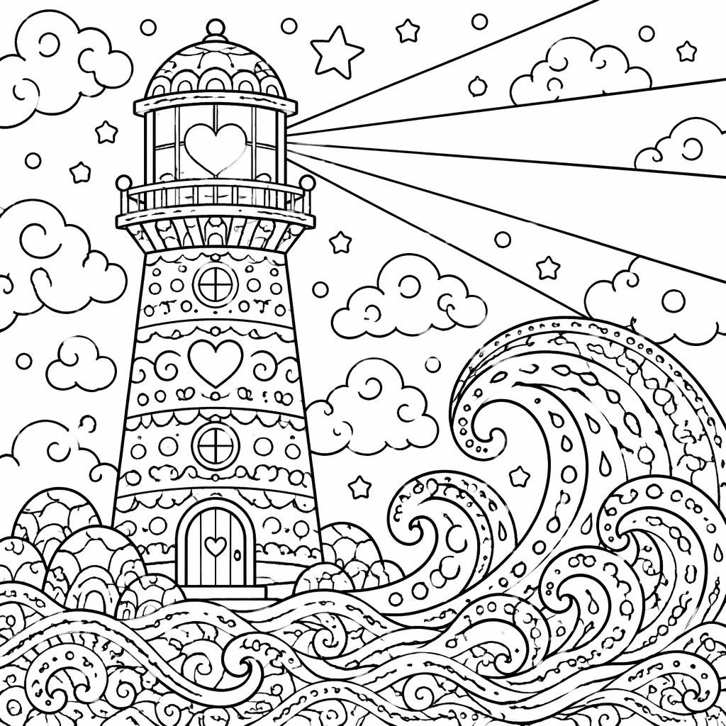 Black-and-white coloring page with a cute lighthouse, big waves, chunky outlines, and intricate printable details.