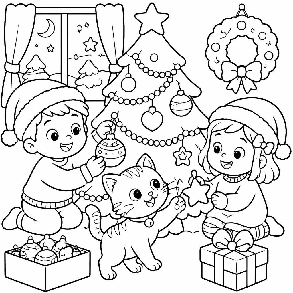Schwarz-weißes Ausmalbild mit einer Katze und spielenden Kindern im niedlichen Cartoon-Stil