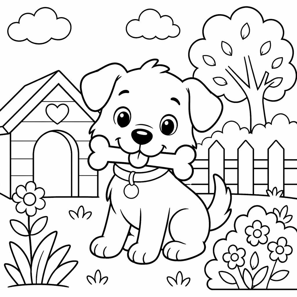 Illustration noir et blanc d’un chien mignon avec un os, en lignes épaisses, style coloriage pour enfants.