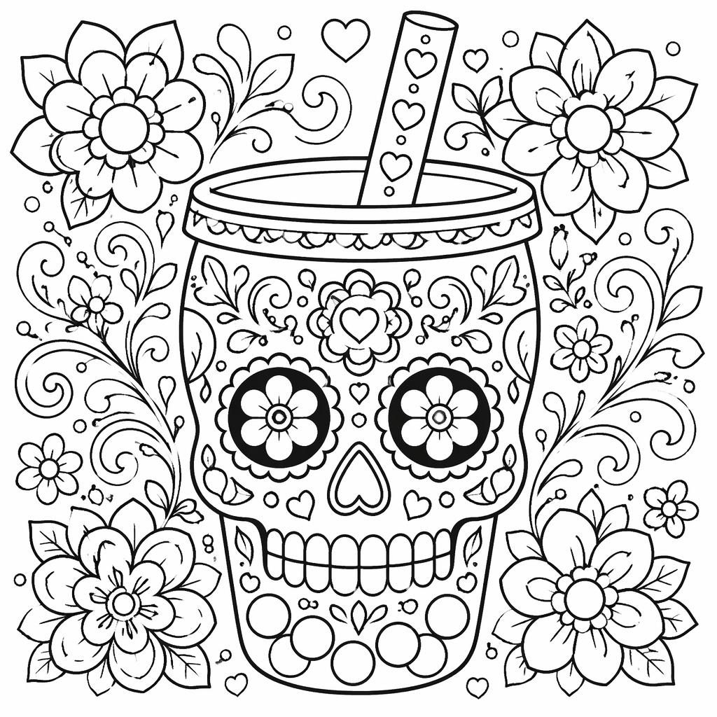 Schwarz-weiße Ausmalbild-Illustration eines freundlichen Zucker-Schädels mit filigranen Mandala-Details im Manga-Stil.