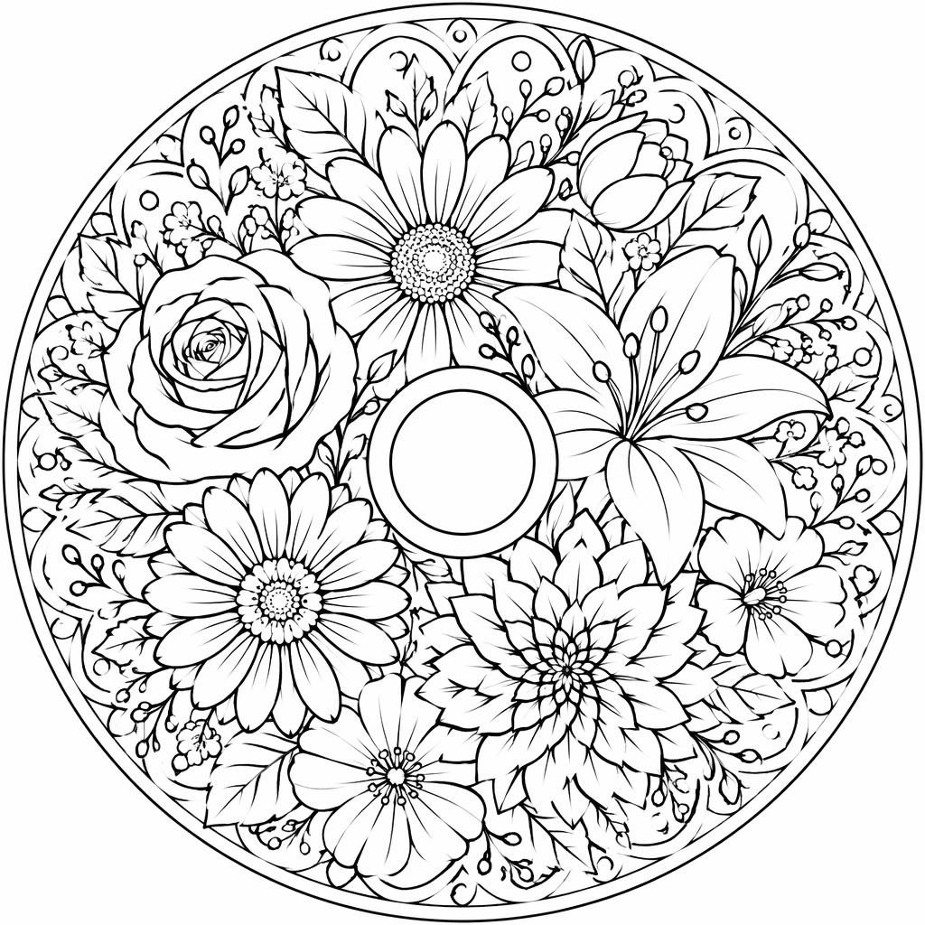 Ilustración para colorear en blanco y negro de un ramo de flores detallado, estilo manga, con contornos limpios.