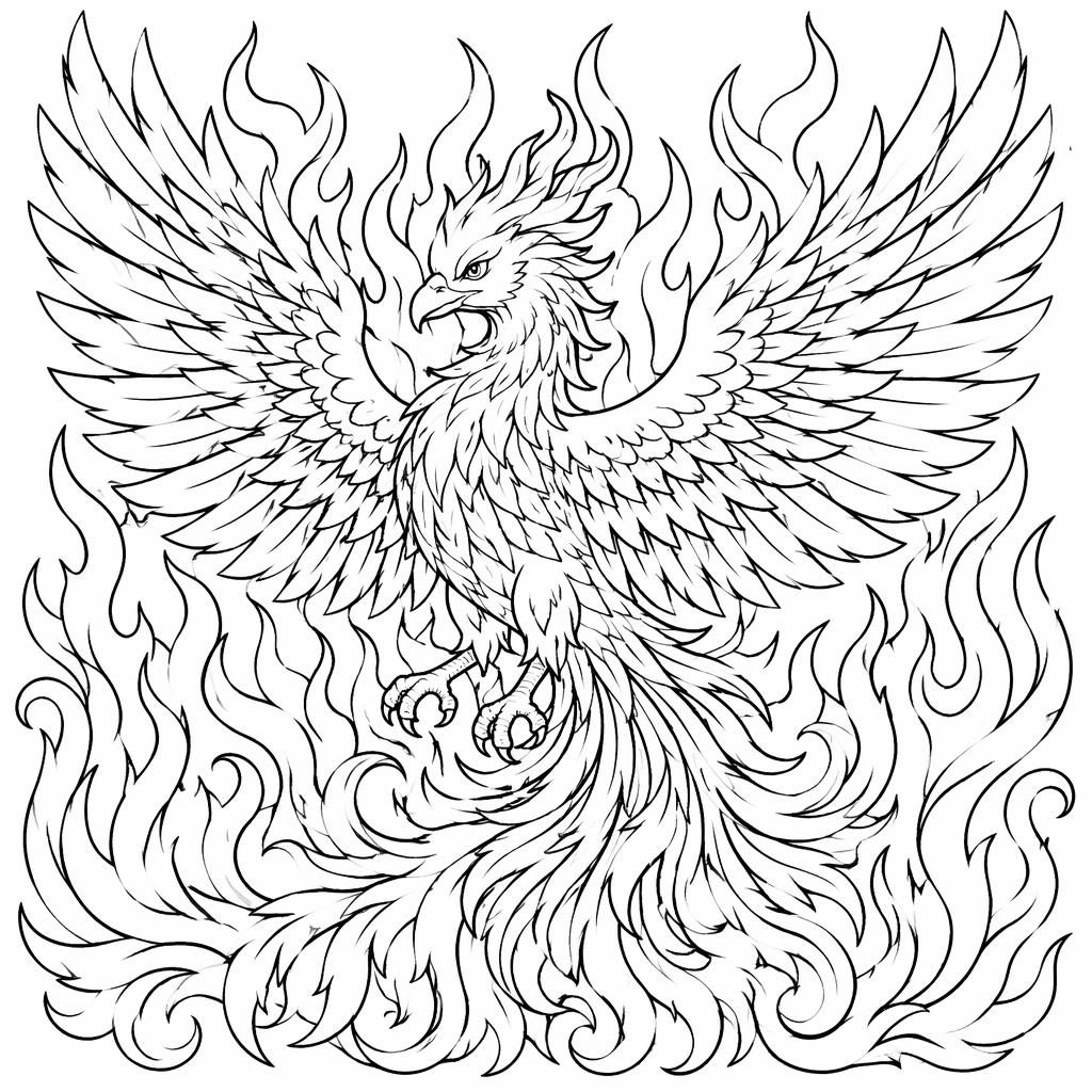Black-and-white phoenix coloring page with flame feathers, cute cartoon style, intricate clean line art on white.