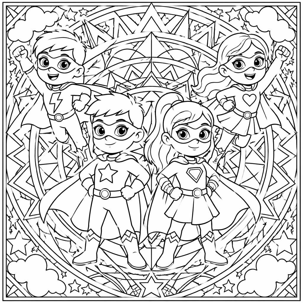 Illustration noir et blanc de jeunes super-héros cartoon en style mandala, contours nets à colorier sur fond blanc.