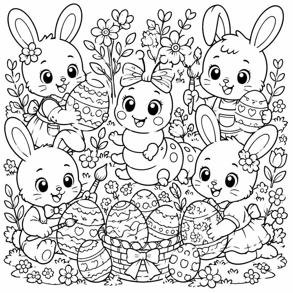 Schwarz-weiße Ausmalseite mit Hasenkindern und Ostereiern, klare dicke Linien, detailreich im Manga-Stil.