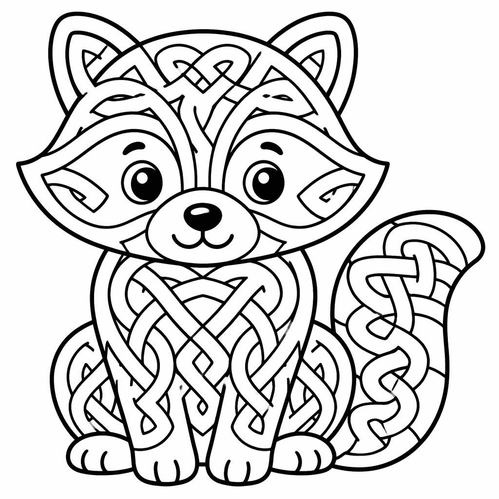 Schwarz-weiße Ausmalseite mit niedlichem Waschbär und sehr einfachen Celtic-Knoten in dicken Konturen.